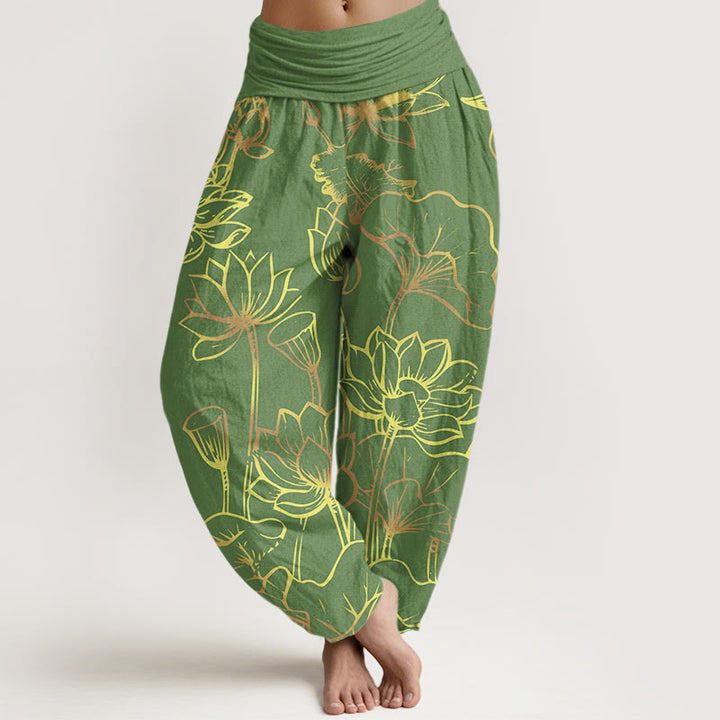 Haremshose aus Baumwolle mit Buddha Stones -Druck und Lotusblumen-Blätter-Muster für Damen mit elastischer Taille - WaldGrün - US22， UK/AU26，EU54 (6XL) - image 5