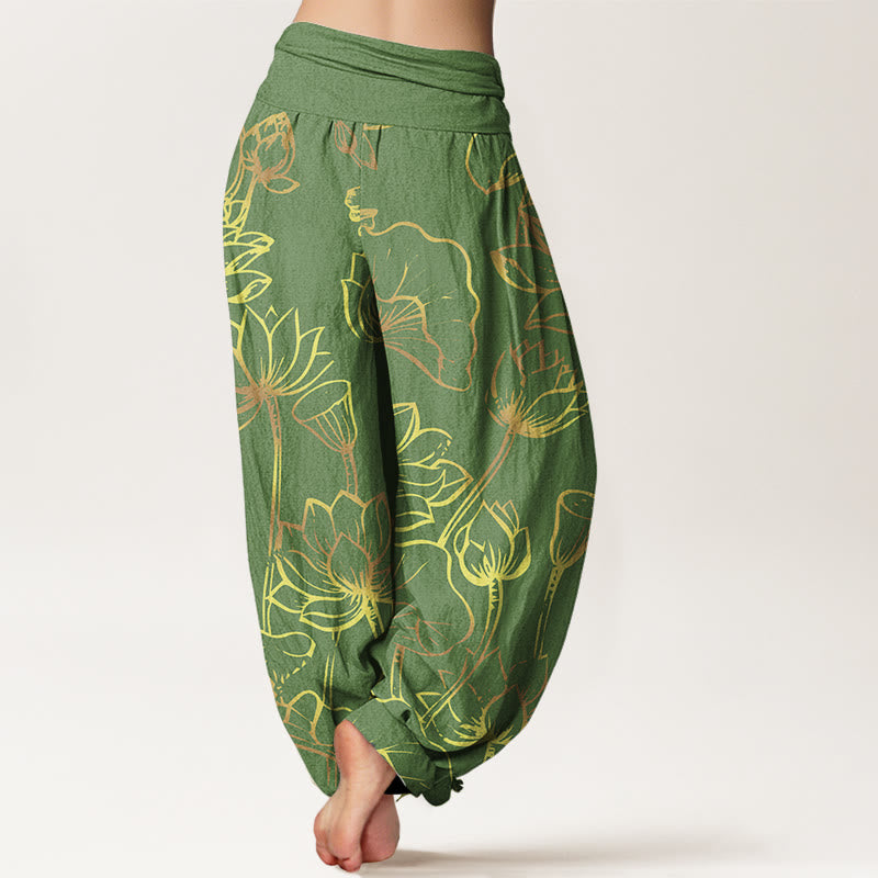 Haremshose aus Baumwolle mit Buddha Stones -Druck und Lotusblumen-Blätter-Muster für Damen mit elastischer Taille - image 7