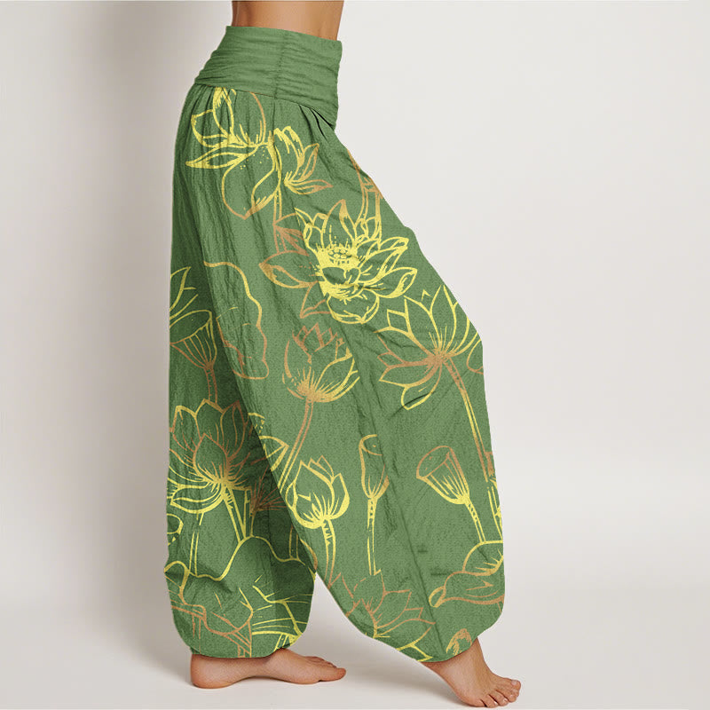 Haremshose aus Baumwolle mit Buddha Stones -Druck und Lotusblumen-Blätter-Muster für Damen mit elastischer Taille - image 6