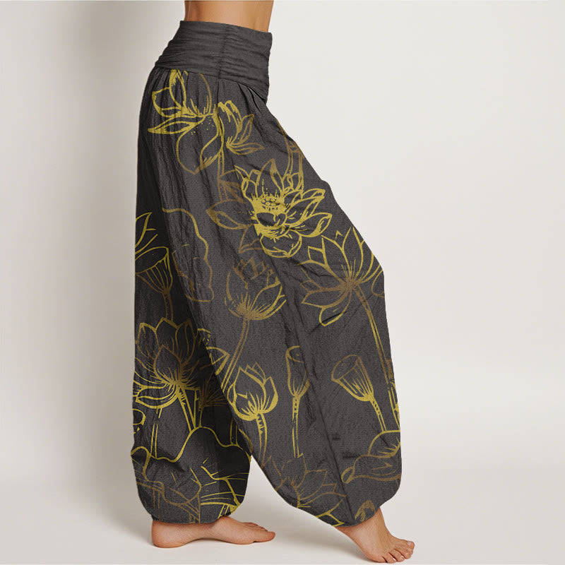Haremshose aus Baumwolle mit Buddha Stones -Druck und Lotusblumen-Blätter-Muster für Damen mit elastischer Taille - image 9