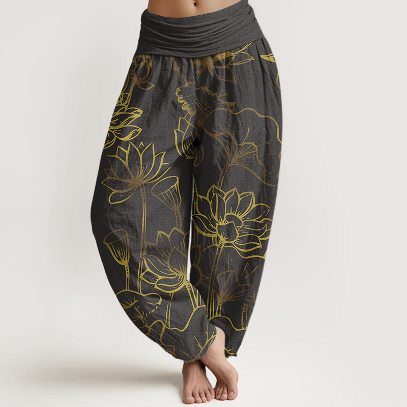 Haremshose aus Baumwolle mit Buddha Stones -Druck und Lotusblumen-Blätter-Muster für Damen mit elastischer Taille - Schiefergrau - US22, UK/AU26, EU54 (6XL) - image 8