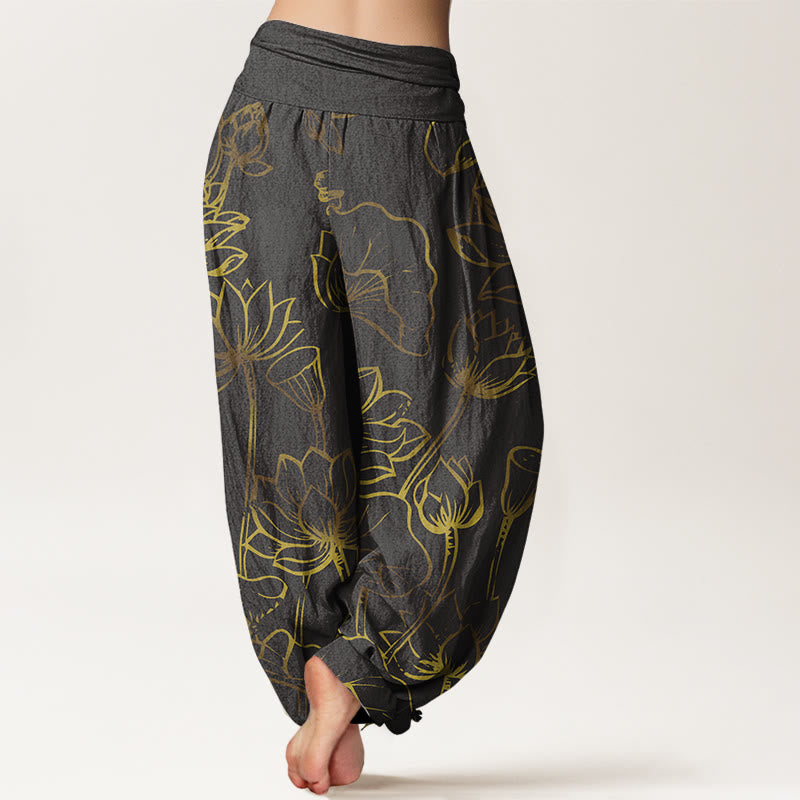 Haremshose aus Baumwolle mit Buddha Stones -Druck und Lotusblumen-Blätter-Muster für Damen mit elastischer Taille - image 10