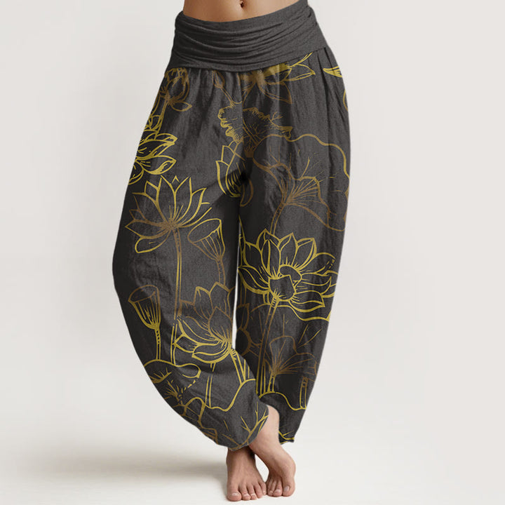 Haremshose aus Baumwolle mit Buddha Stones -Druck und Lotusblumen-Blätter-Muster für Damen mit elastischer Taille - Schiefergrau - US22, UK/AU26, EU54 (6XL) - image 8