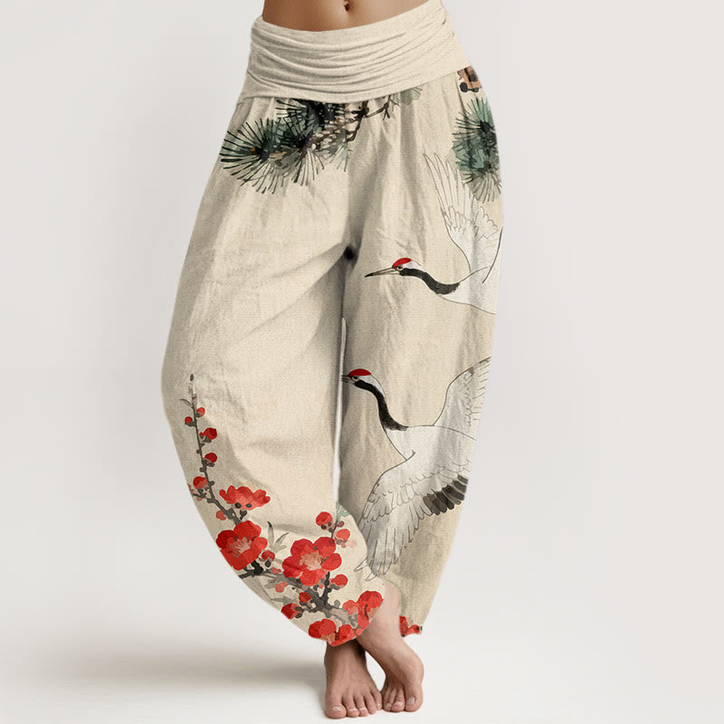 Buddha Stones -Druck, Kraniche, Pflaumenblüten-Muster, Damen-Haremshose aus Baumwolle mit elastischer Taille - Beige - US22， UK/AU26，EU54 (6XL) - image 0