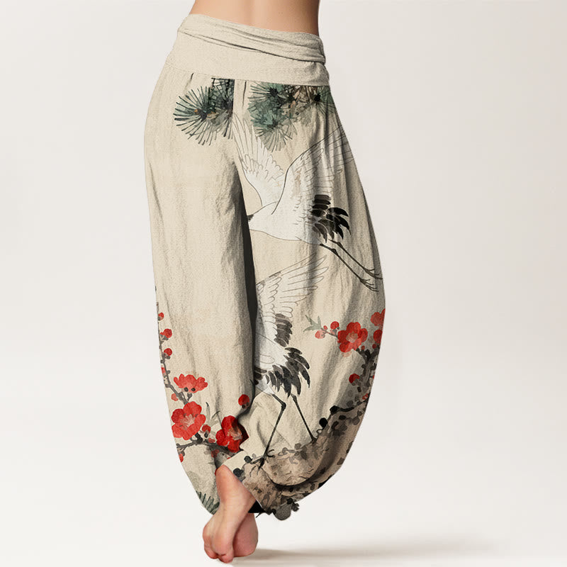 Buddha Stones -Druck, Kraniche, Pflaumenblüten-Muster, Damen-Haremshose aus Baumwolle mit elastischer Taille - image 1