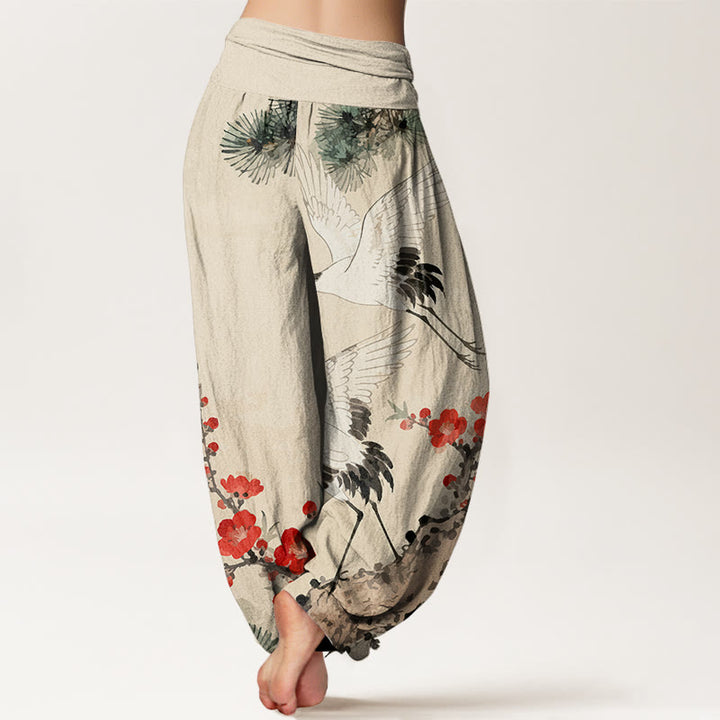 Buddha Stones -Druck, Kraniche, Pflaumenblüten-Muster, Damen-Haremshose aus Baumwolle mit elastischer Taille - image 2