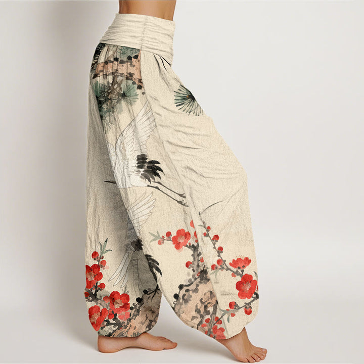 Buddha Stones -Druck, Kraniche, Pflaumenblüten-Muster, Damen-Haremshose aus Baumwolle mit elastischer Taille - image 1