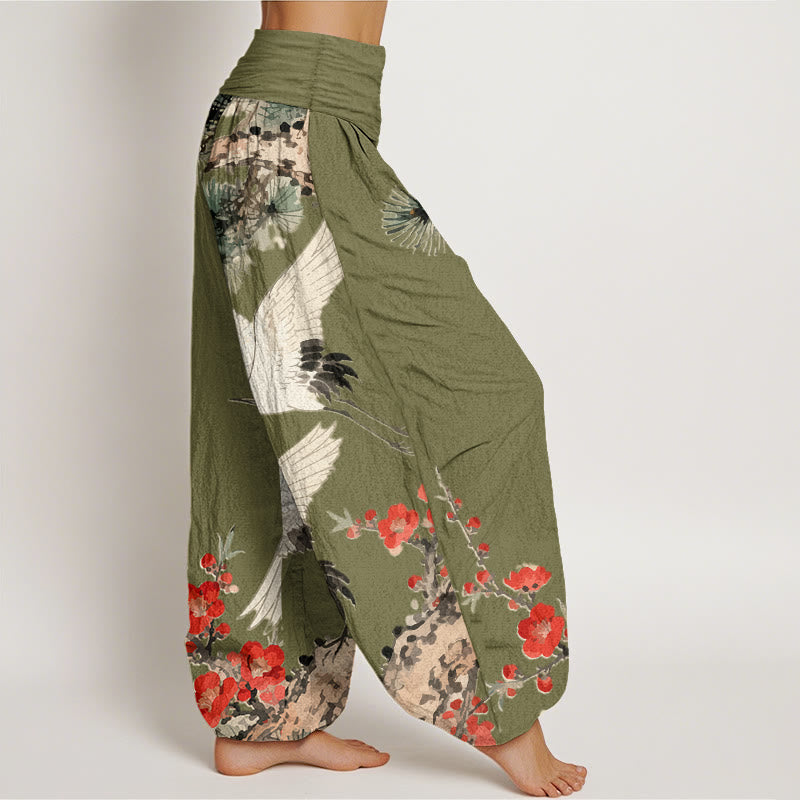 Buddha Stones -Druck, Kraniche, Pflaumenblüten-Muster, Damen-Haremshose aus Baumwolle mit elastischer Taille - image 6
