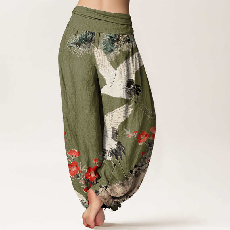 Buddha Stones -Druck, Kraniche, Pflaumenblüten-Muster, Damen-Haremshose aus Baumwolle mit elastischer Taille - image 7