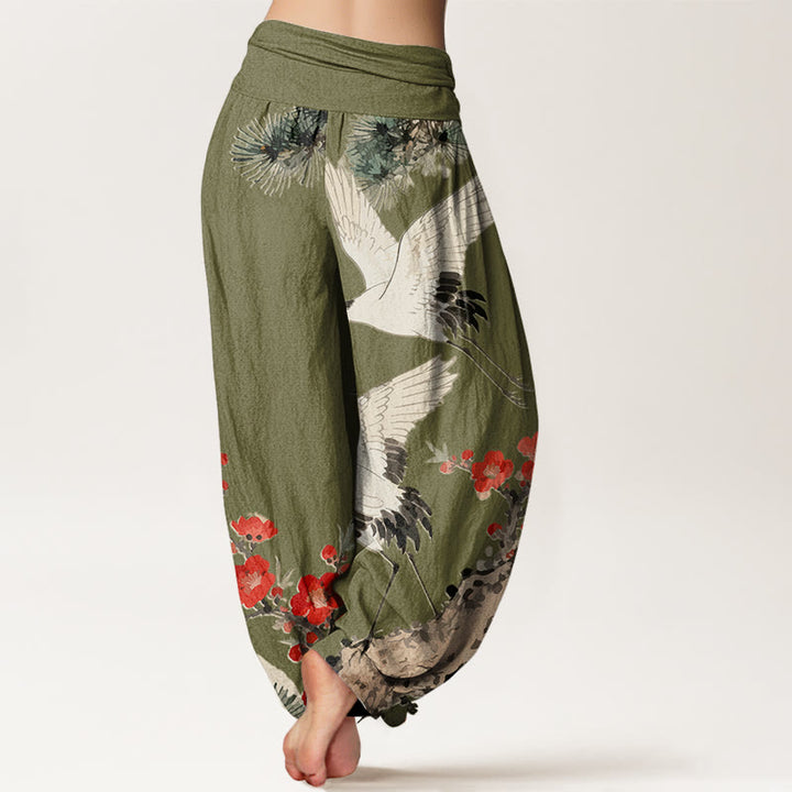Buddha Stones -Druck, Kraniche, Pflaumenblüten-Muster, Damen-Haremshose aus Baumwolle mit elastischer Taille - image 7