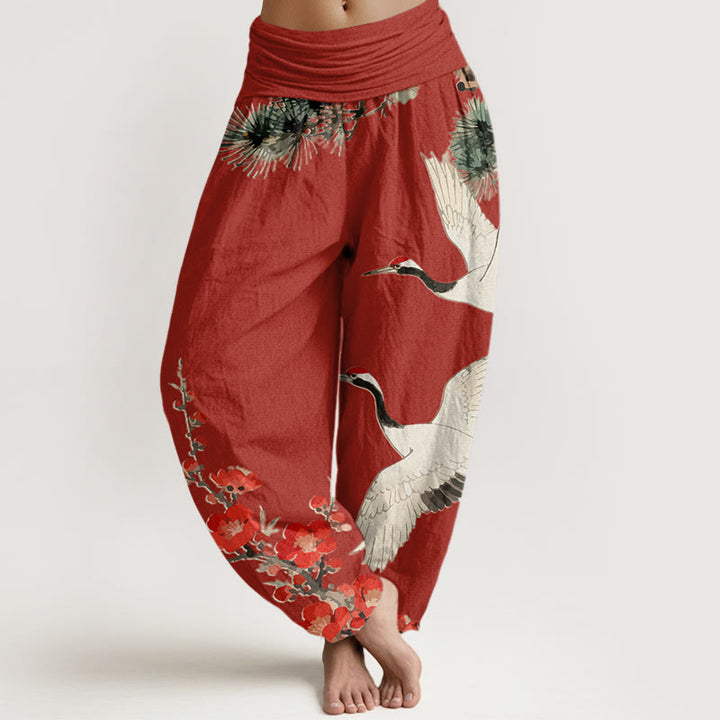 Buddha Stones -Druck, Kraniche, Pflaumenblüten-Muster, Damen-Haremshose aus Baumwolle mit elastischer Taille - Feuerfestziegel - US22, UK/AU26, EU54 (6XL) - image 8