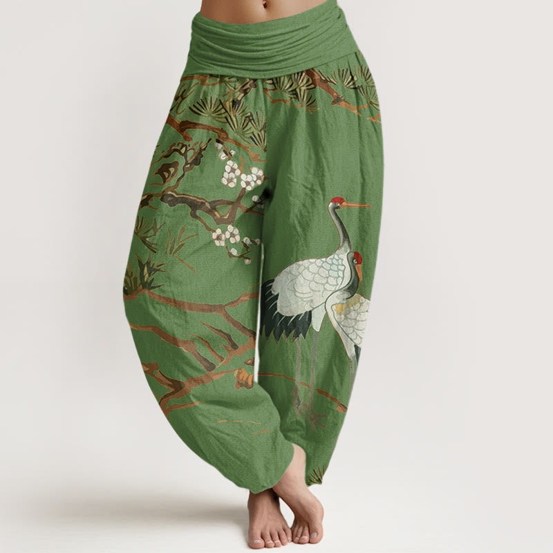 Buddha Stones -Druck, Pflaumenblüten, Kraniche, Kiefernmuster, Damen-Haremshose aus Baumwolle mit elastischer Taille - Waldgrün - US22, UK/AU26, EU54 (6XL) - image 0