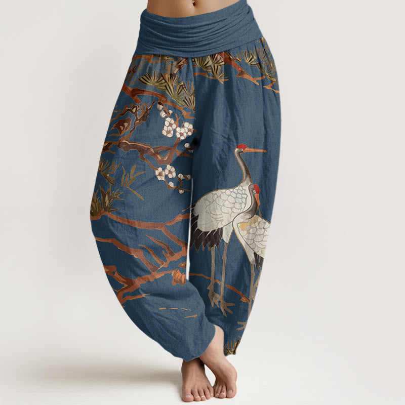 Buddha Stones -Druck, Pflaumenblüten, Kraniche, Kiefernmuster, Damen-Haremshose aus Baumwolle mit elastischer Taille - SteelBlue - US22, UK/AU26, EU54 (6XL) - image 5