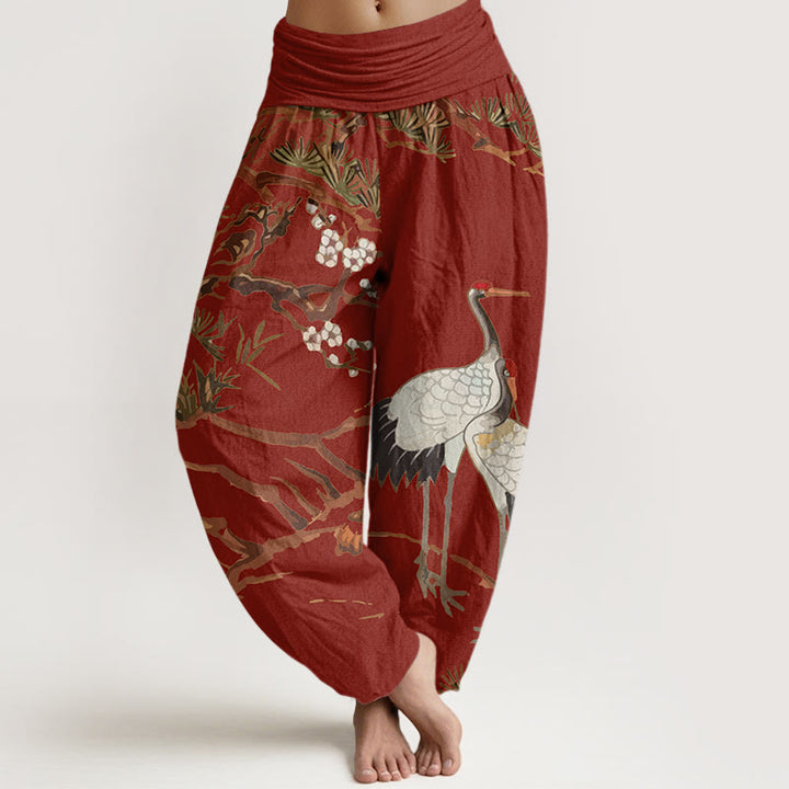 Buddha Stones -Druck, Pflaumenblüten, Kraniche, Kiefernmuster, Damen-Haremshose aus Baumwolle mit elastischer Taille - Feuerfestziegel - US22, UK/AU26, EU54 (6XL) - image 8