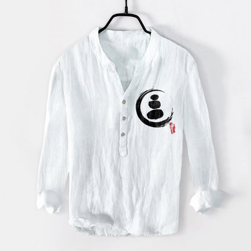 Buddha Stones Zen Stone Pattern Halbknöpfe Herren Langarmhemd aus Baumwolle und Leinen - Weiß - US/ UK/AU50, EU60 (5XL) - image 6
