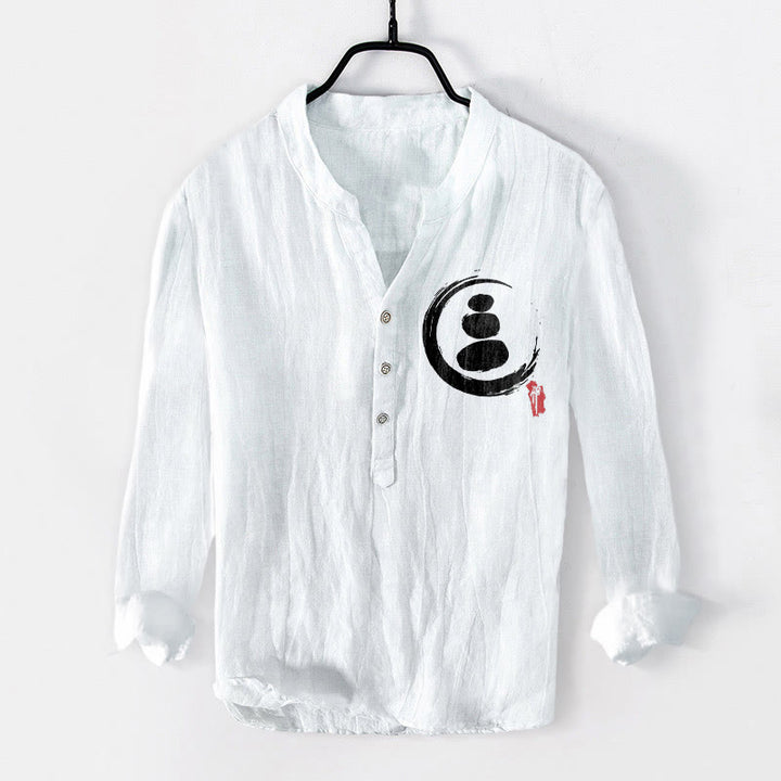 Buddha Stones Zen Stone Pattern Halbknöpfe Herren Langarmhemd aus Baumwolle und Leinen - Weiß - US/ UK/AU50，EU60 (5XL) - image 6