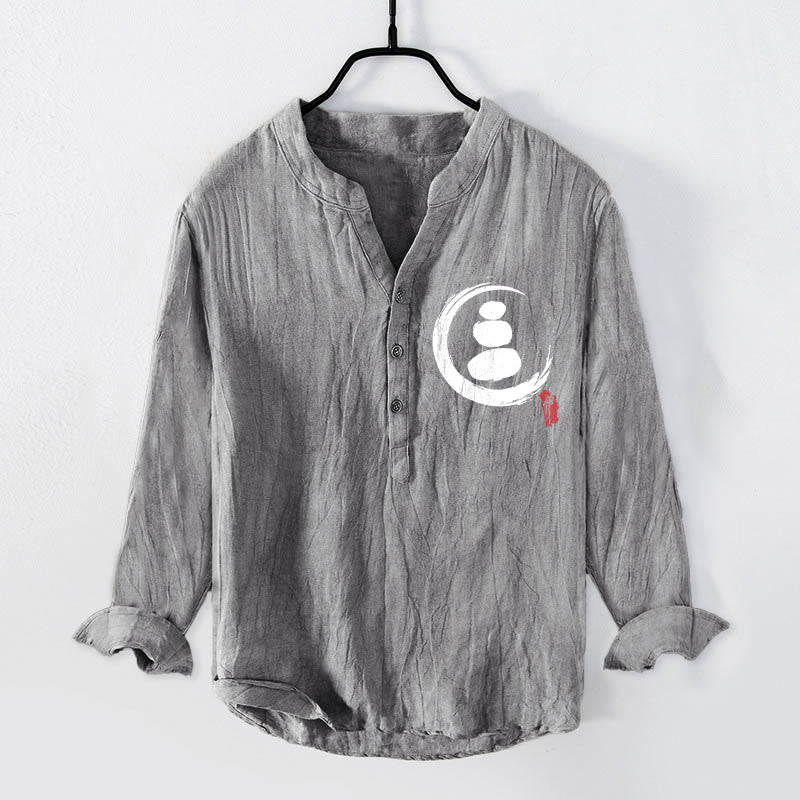 Buddha Stones Zen Stone Pattern Halbknöpfe Herren Langarmhemd aus Baumwolle und Leinen - Grau - US/ UK/AU50，EU60 (5XL) - image 0