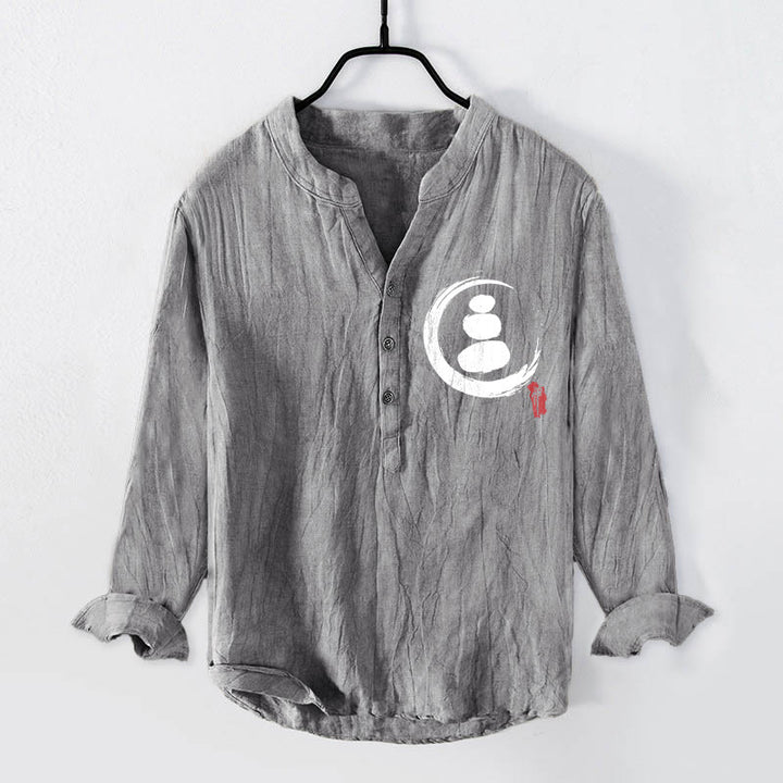 Buddha Stones Zen Stone Pattern Halbknöpfe Herren Langarmhemd aus Baumwolle und Leinen - Grau - US/ UK/AU50，EU60 (5XL) - image 0