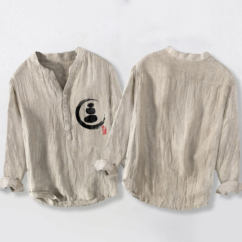 Buddha Stones Zen Stone Pattern Halbknöpfe Herren Langarmhemd aus Baumwolle und Leinen - image 5