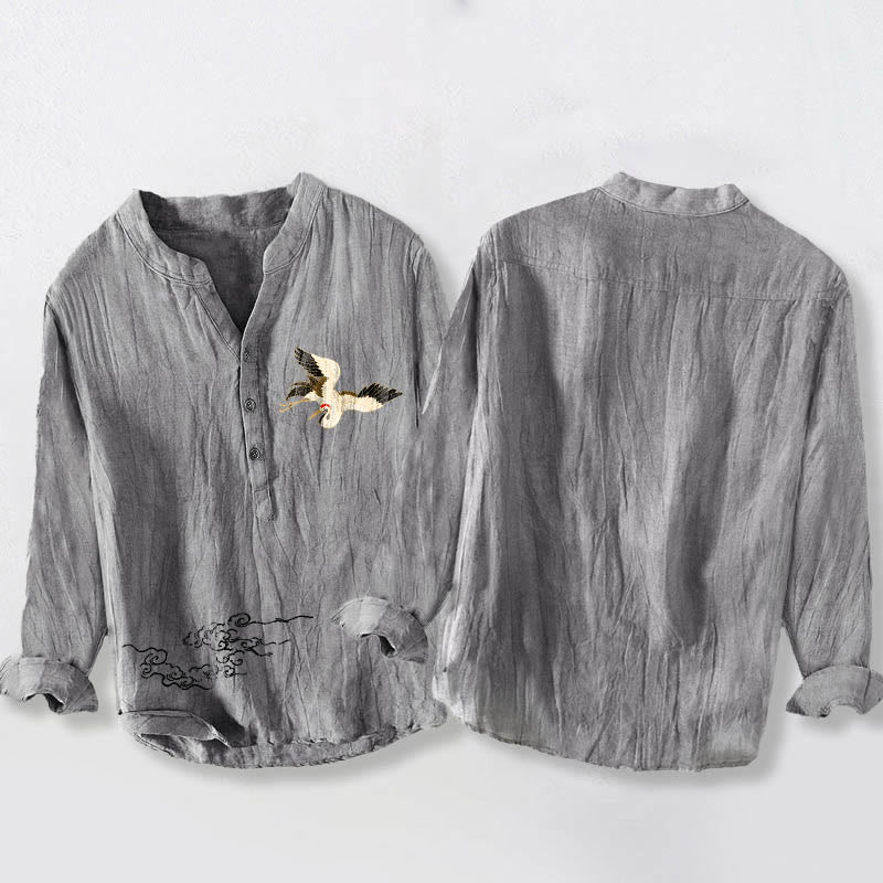 Buddha Stones Crane Auspicious Clouds Muster Halbknöpfe Herren Langarmhemd aus Baumwolle und Leinen - image 2