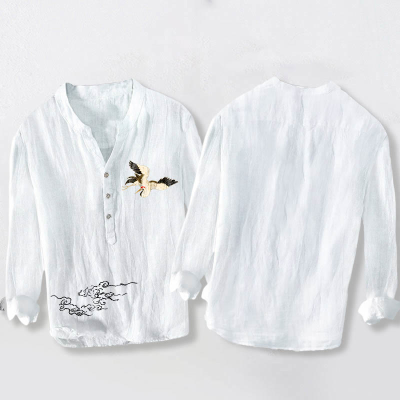 Buddha Stones Crane Auspicious Clouds Muster Halbknöpfe Herren Langarmhemd aus Baumwolle und Leinen - image 8