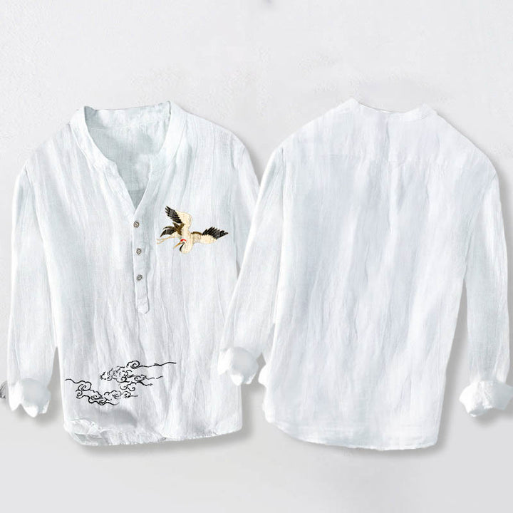 Buddha Stones Crane Auspicious Clouds Muster Halbknöpfe Herren Langarmhemd aus Baumwolle und Leinen - image 8