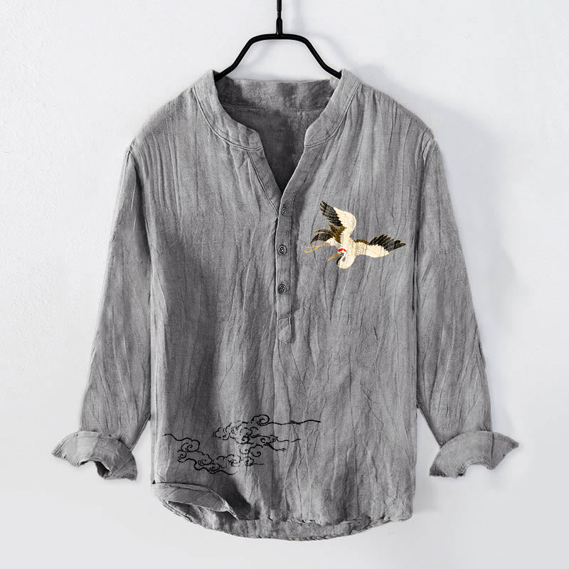 Buddha Stones Crane Auspicious Clouds Muster Halbknöpfe Herren Langarmhemd aus Baumwolle und Leinen - Grau - US/ UK/AU50，EU60 (5XL) - image 0