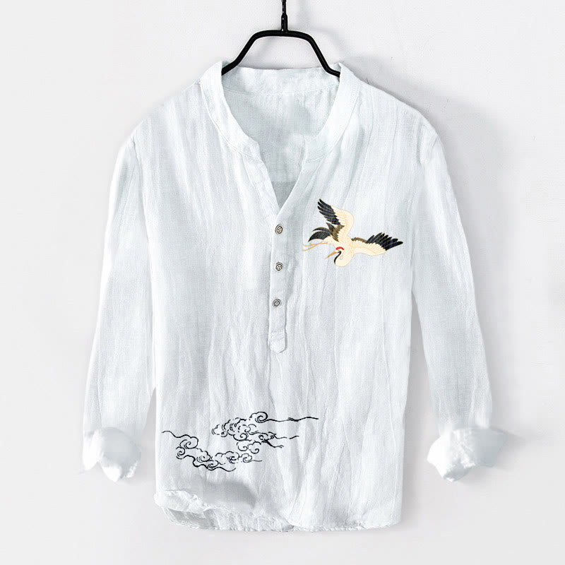 Buddha Stones Crane Auspicious Clouds Muster Halbknöpfe Herren Langarmhemd aus Baumwolle und Leinen - Weiß - US/ UK/AU50, EU60 (5XL) - image 6