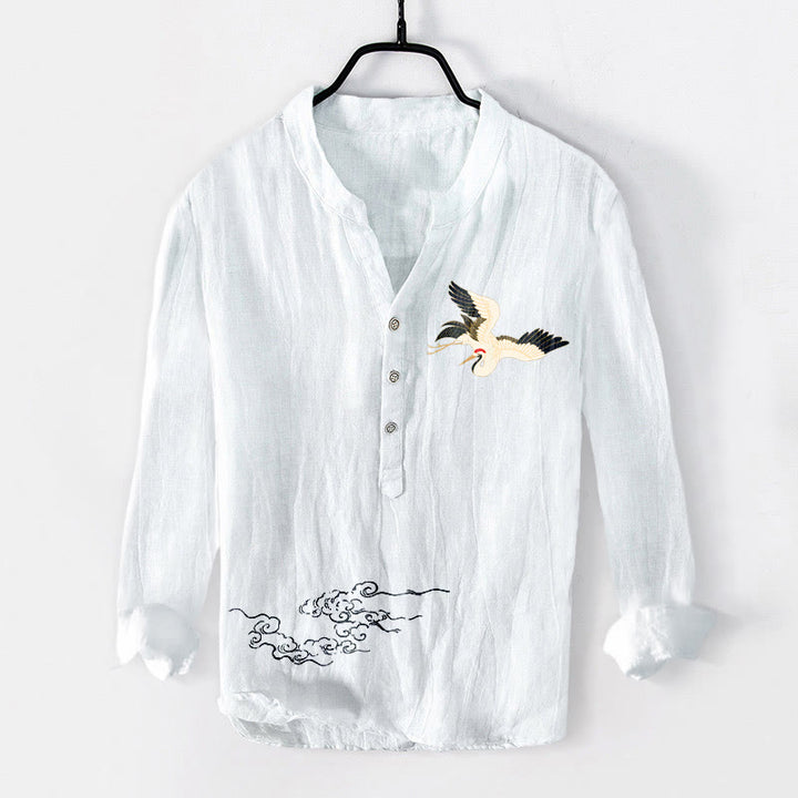 Buddha Stones Crane Auspicious Clouds Muster Halbknöpfe Herren Langarmhemd aus Baumwolle und Leinen - Weiß - US/ UK/AU50, EU60 (5XL) - image 6