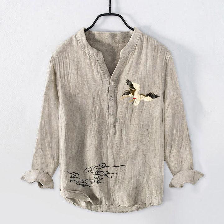 Buddha Stones Crane Auspicious Clouds Muster Halbknöpfe Herren Langarmhemd aus Baumwolle und Leinen - Leinen - US/ UK/AU50, EU60 (5XL) - image 3