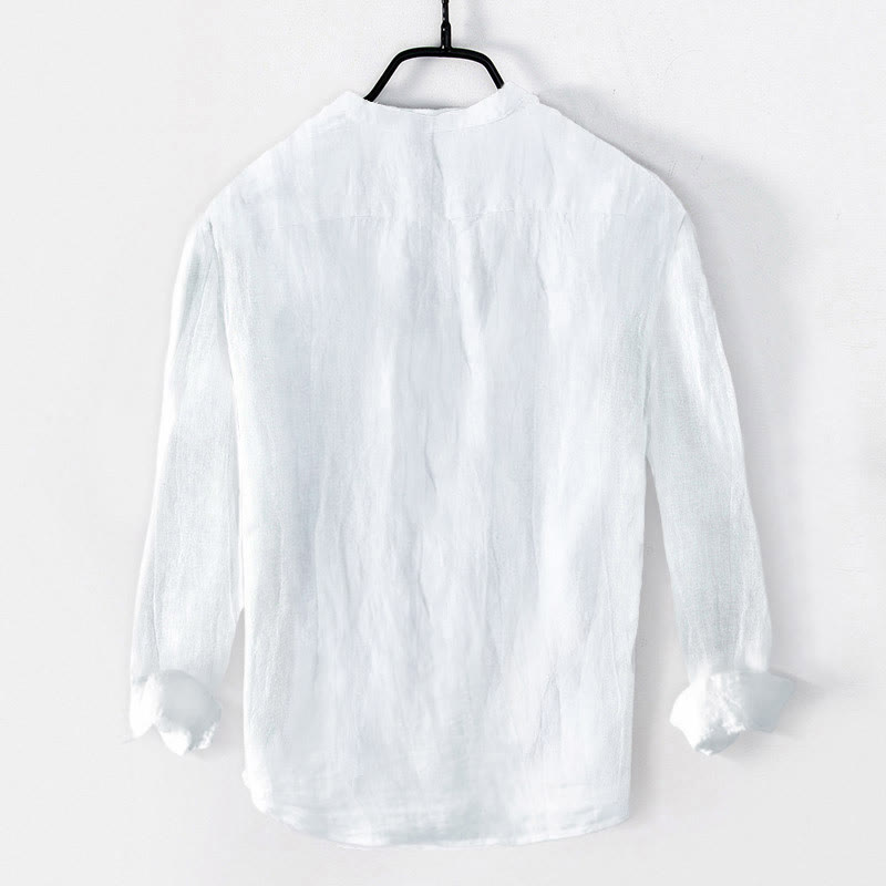 Buddha Stones Mandschurenkranich-Muster Halbknöpfe Herren Langarmhemd aus Baumwolle und Leinen - image 1