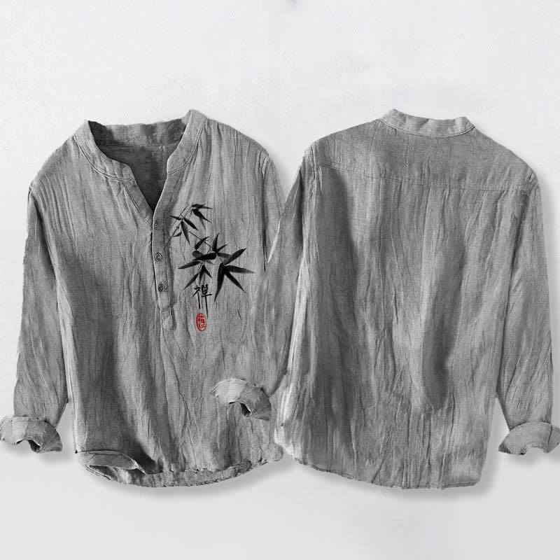 Buddha Stones Bamboo Zen Character Pattern Halbknöpfe Herren Langarmhemd aus Baumwolle und Leinen - image 5