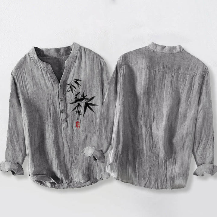 Buddha Stones Bamboo Zen Character Pattern Halbknöpfe Herren Langarmhemd aus Baumwolle und Leinen - image 5