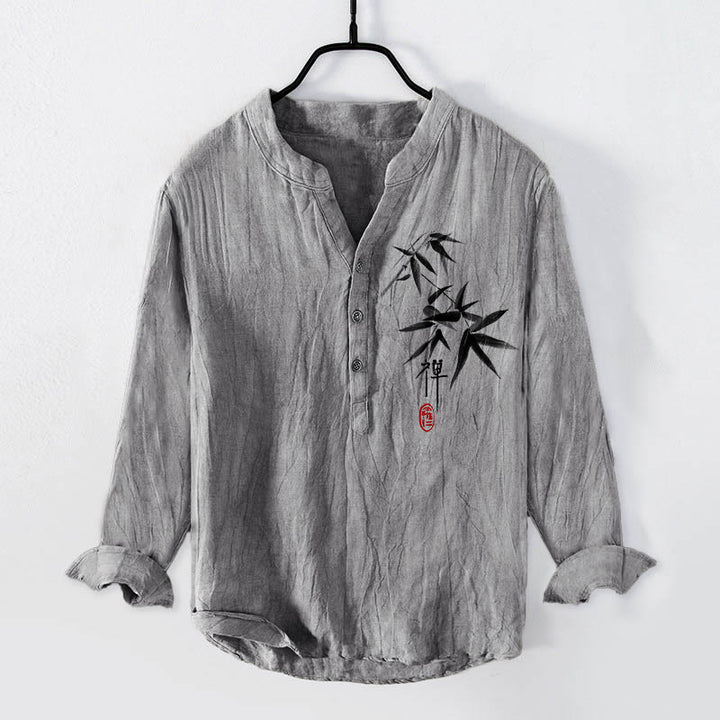 Buddha Stones Bamboo Zen Character Pattern Halbknöpfe Herren Langarmhemd aus Baumwolle und Leinen - Grau - US/ UK/AU50，EU60 (5XL) - image 3