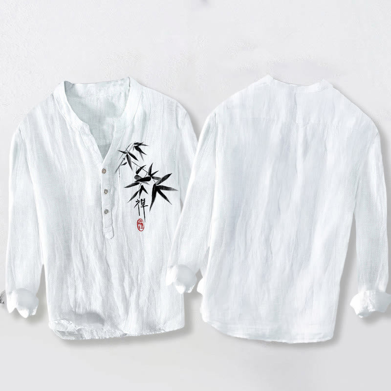 Buddha Stones Bamboo Zen Character Pattern Halbknöpfe Herren Langarmhemd aus Baumwolle und Leinen - image 8