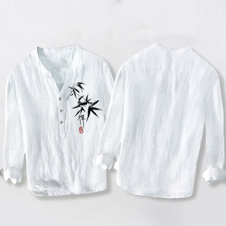 Buddha Stones Bamboo Zen Character Pattern Halbknöpfe Herren Langarmhemd aus Baumwolle und Leinen - image 8