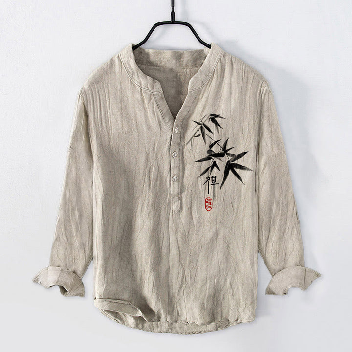 Buddha Stones Bamboo Zen Character Pattern Halbknöpfe Herren Langarmhemd aus Baumwolle und Leinen - Leinen - US/ UK/AU50，EU60 (5XL) - image 0