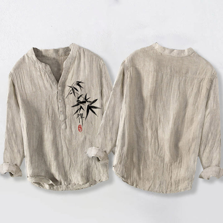 Buddha Stones Bamboo Zen Character Pattern Halbknöpfe Herren Langarmhemd aus Baumwolle und Leinen - image 2