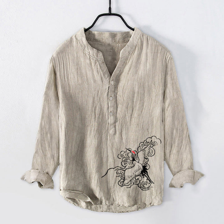 Buddha Stones Mandschurenkranich Wolken Muster Halbknöpfe Herren Langarmhemd aus Baumwolle und Leinen - Leinen - US/ UK/AU50, EU60 (5XL) - image 0