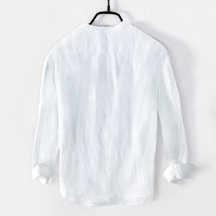 Buddha Stones Bambusblätter Muster Halbknöpfe Herren Langarmhemd aus Baumwolle und Leinen - image 1