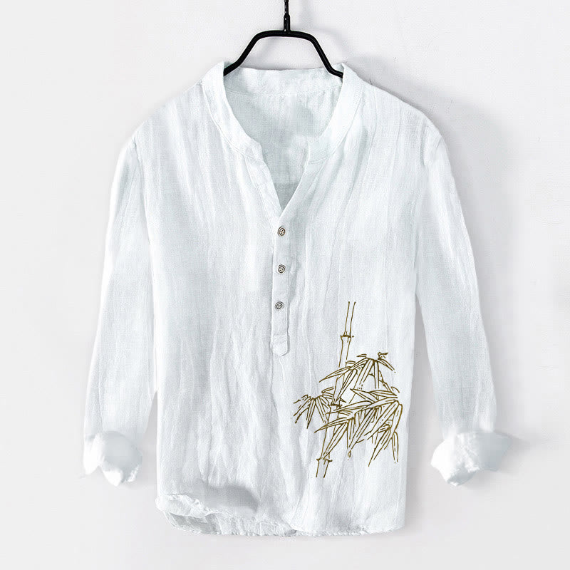 Buddha Stones Bambusblätter Muster Halbknöpfe Herren Langarmhemd aus Baumwolle und Leinen - Weiß - US/ UK/AU50，EU60 (5XL) - image 0
