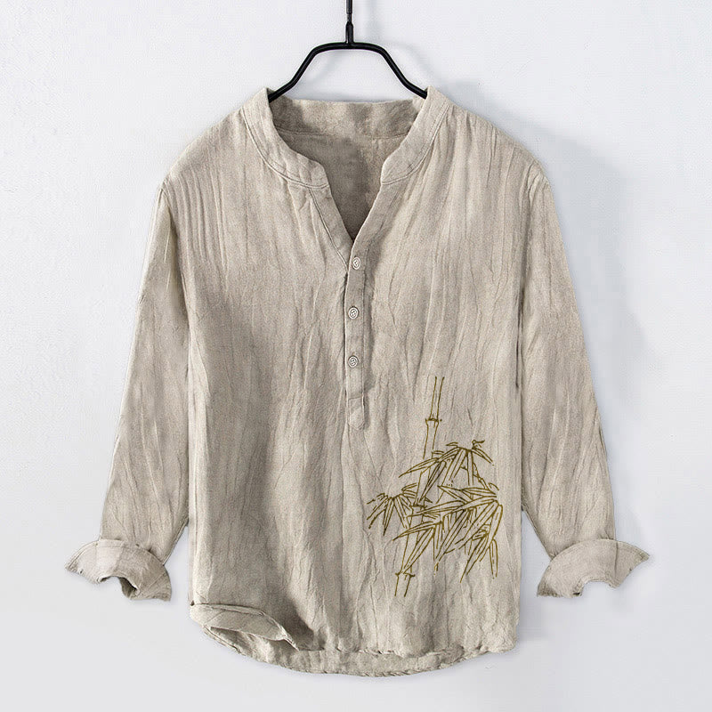 Buddha Stones Bambusblätter Muster Halbknöpfe Herren Langarmhemd aus Baumwolle und Leinen - Leinen - US/ UK/AU50，EU60 (5XL) - image 6