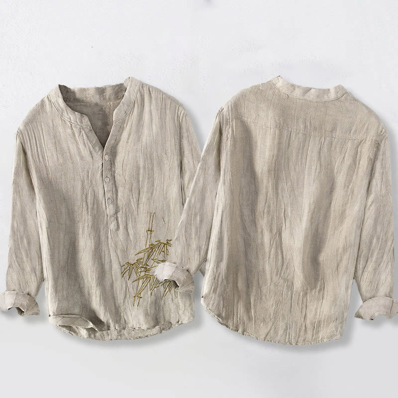 Buddha Stones Bambusblätter Muster Halbknöpfe Herren Langarmhemd aus Baumwolle und Leinen - image 8