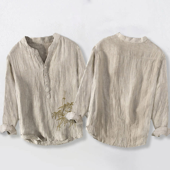 Buddha Stones Bambusblätter Muster Halbknöpfe Herren Langarmhemd aus Baumwolle und Leinen - image 8