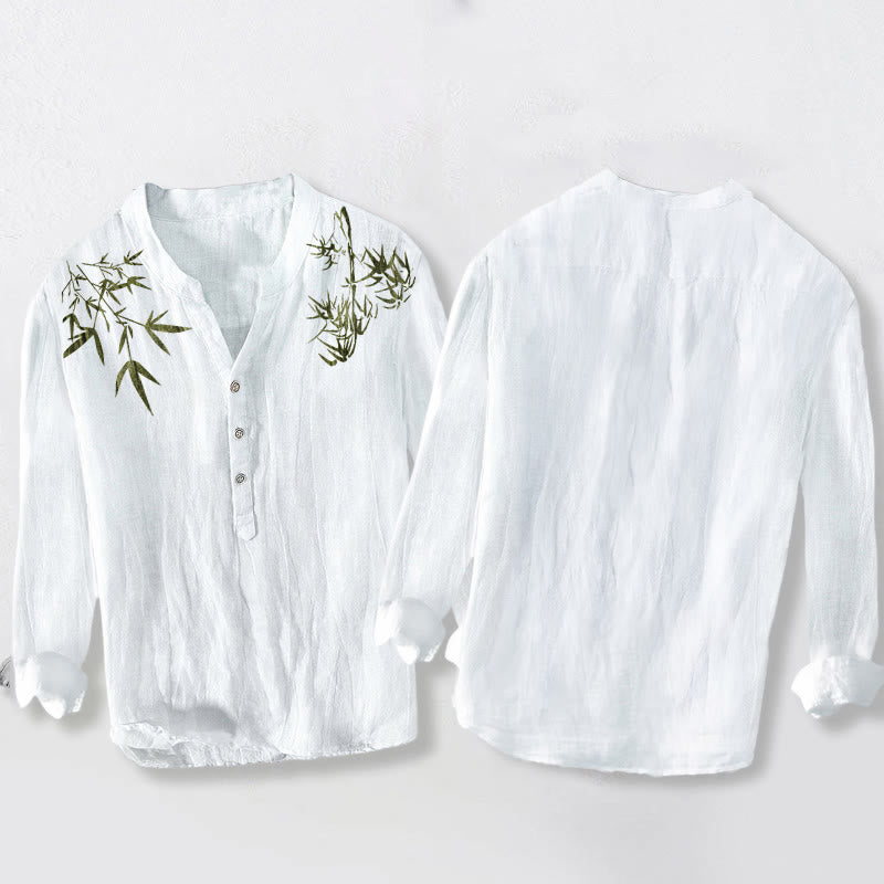 Buddha Stones Grünes Bambusblätter-Muster Halbknöpfe Herren Langarmhemd aus Baumwolle und Leinen - image 8