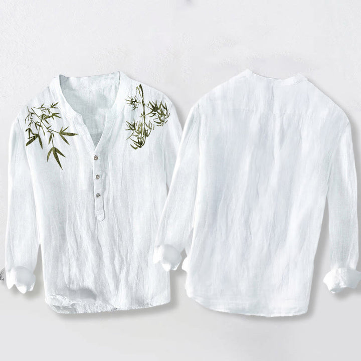 Buddha Stones Grünes Bambusblätter-Muster Halbknöpfe Herren Langarmhemd aus Baumwolle und Leinen - image 8