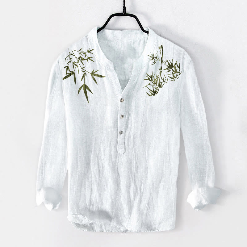 Buddha Stones Grünes Bambusblätter-Muster Halbknöpfe Herren Langarmhemd aus Baumwolle und Leinen - Weiß - US/ UK/AU50，EU60 (5XL) - image 6