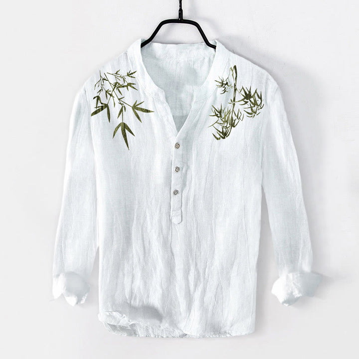 Buddha Stones Grünes Bambusblätter-Muster Halbknöpfe Herren Langarmhemd aus Baumwolle und Leinen - Weiß - US/ UK/AU50, EU60 (5XL) - image 6
