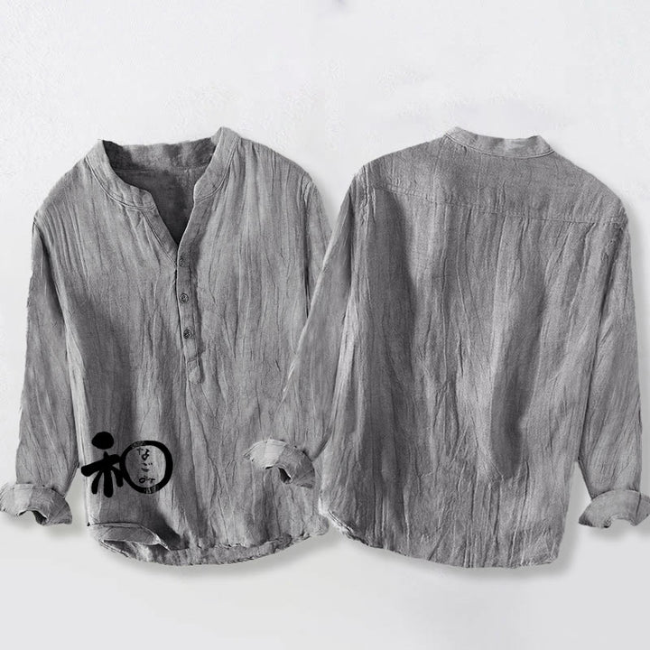 Buddha Stones Chinesisches Schriftzeichen Harmonie Muster Halbknöpfe Herren Langarmhemd aus Baumwolle und Leinen - image 8