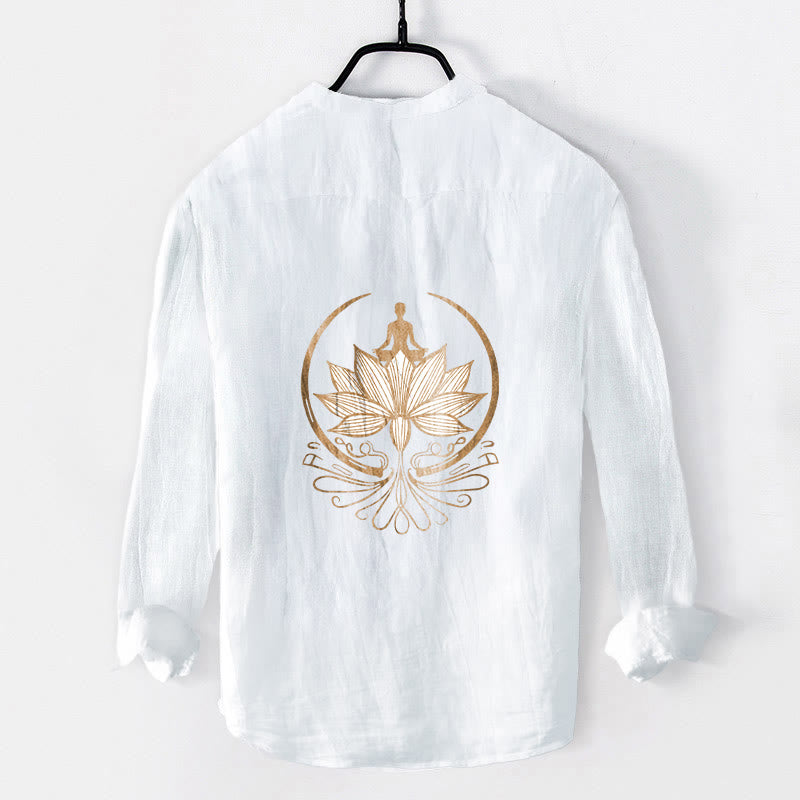 Buddha Stones Meditierende Person Lotus Muster Halbknöpfe Herren Langarmhemd aus Baumwolle und Leinen - image 8